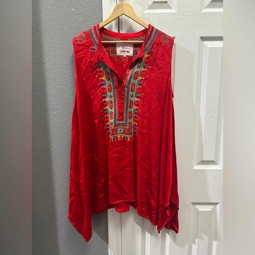 Johnny Was crinkle satin red tunic oversized embroidered size medium - Picture 2 of 5